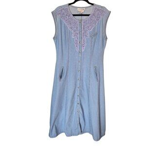 Vintage 80s Embroidered Sleeveless Button Front Maxi Dress Women's 12